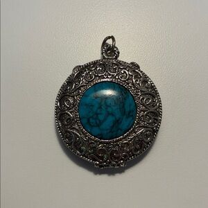 Max Factor Locket Vintage Silver Tone Perfume Locket Blue Stone Ornate Pendant
